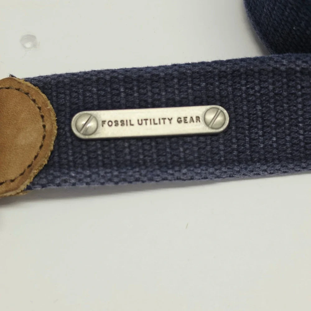 Fossil Utility Gear Mens Navy Blue Canvas Web Belt Leather Trim Size 38